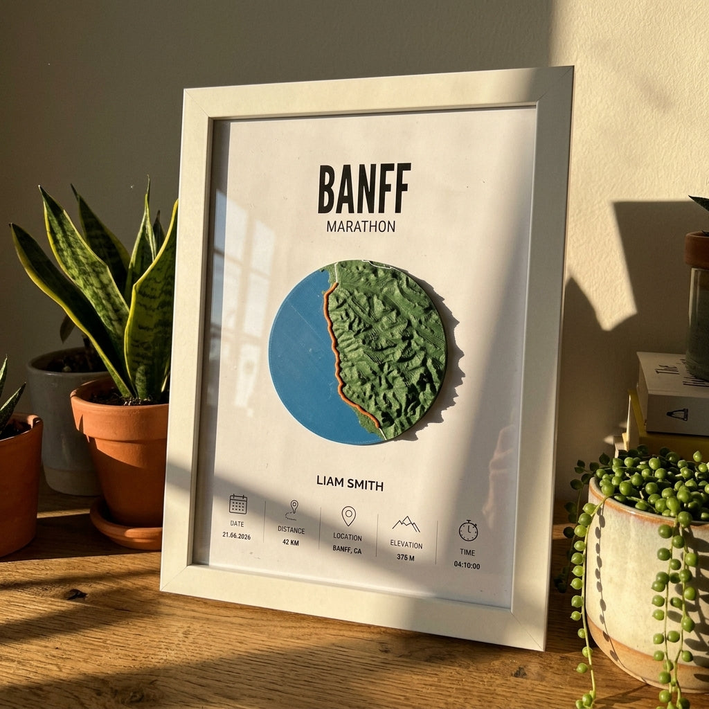 Framed 3D-printed map of the Banff Marathon — full-colour terrain relief in a white frame on a wooden shelf