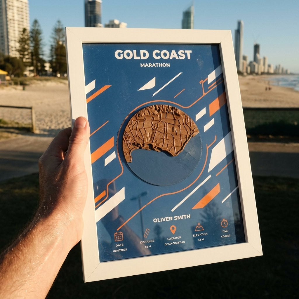 Gold Coast Marathon 3D map in a white frame, held up on the beach in front of the skyline