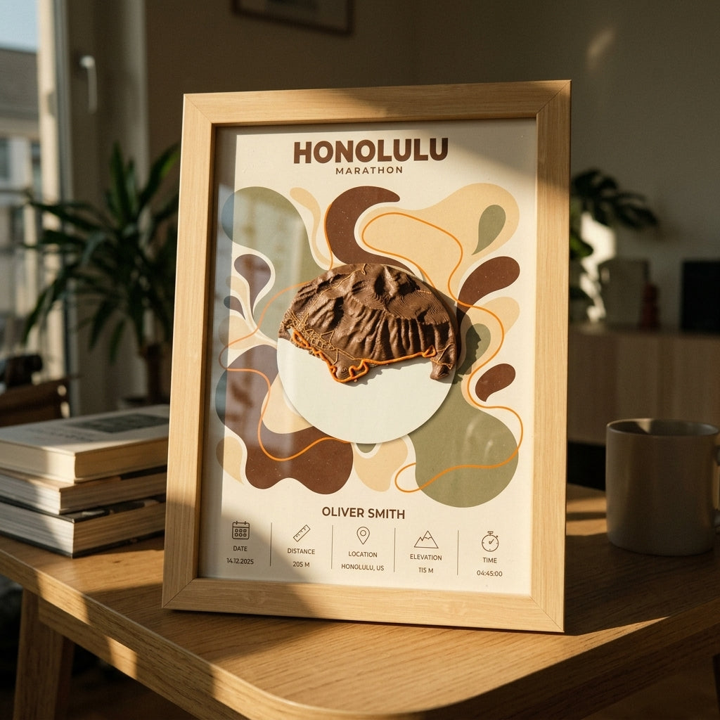 Honolulu Marathon 3D map — brown terrain relief with orange route on a retro poster, natural wood frame