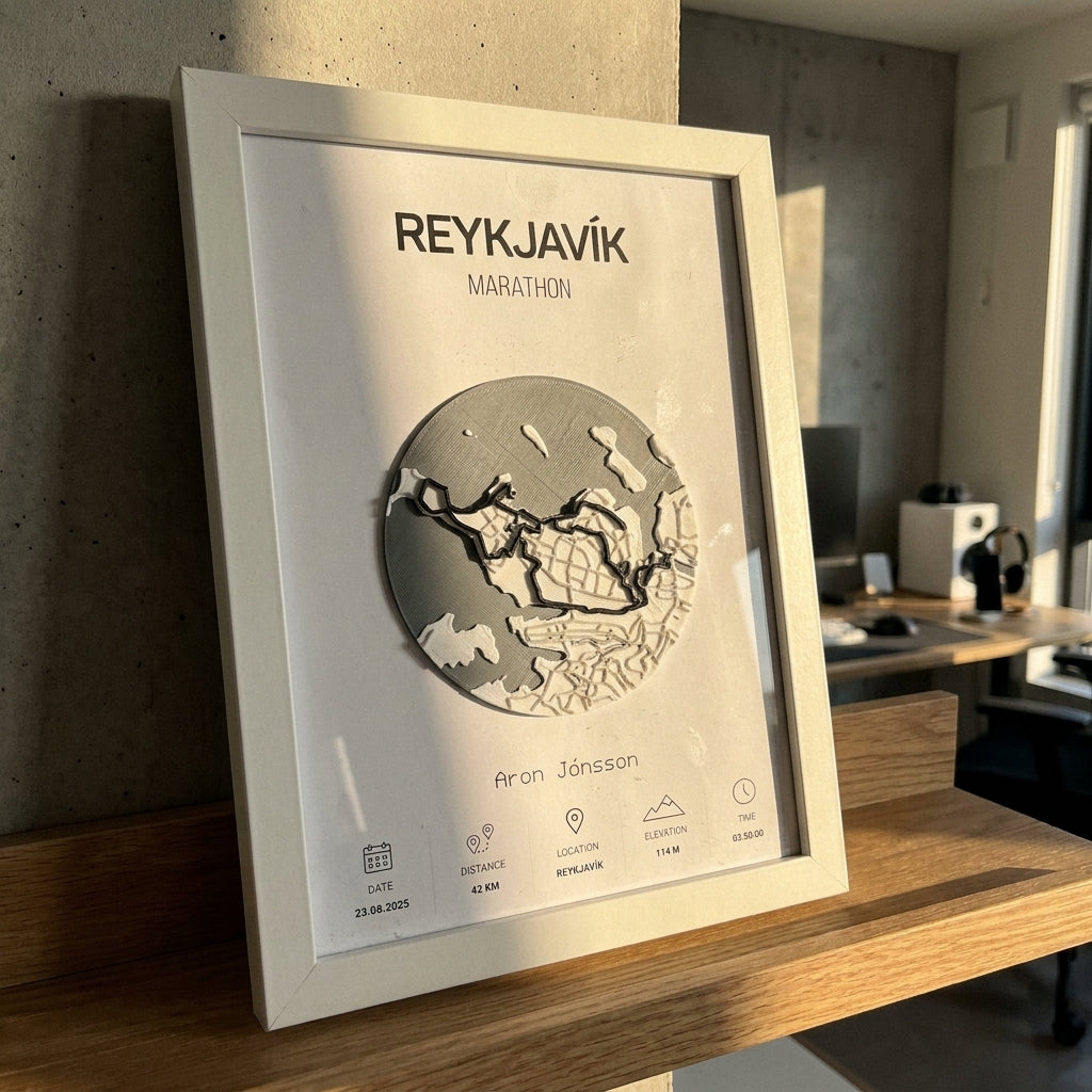 Reykjavík Marathon as a minimalist monochrome 3D relief with a black route line, white frame