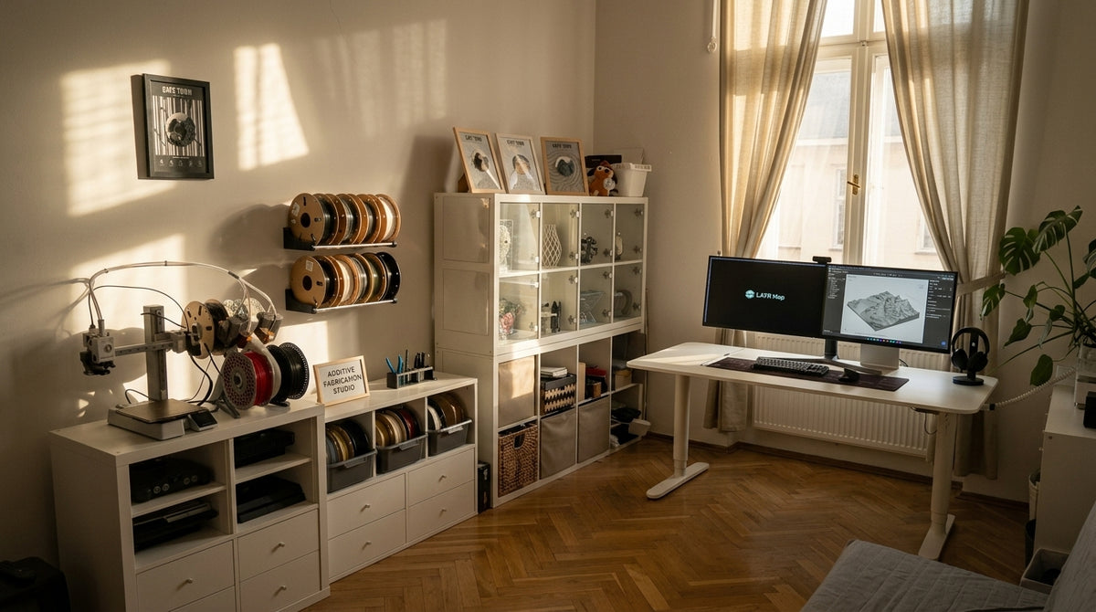 The corner of the Prague apartment where every LAYR map is printed and assembled
