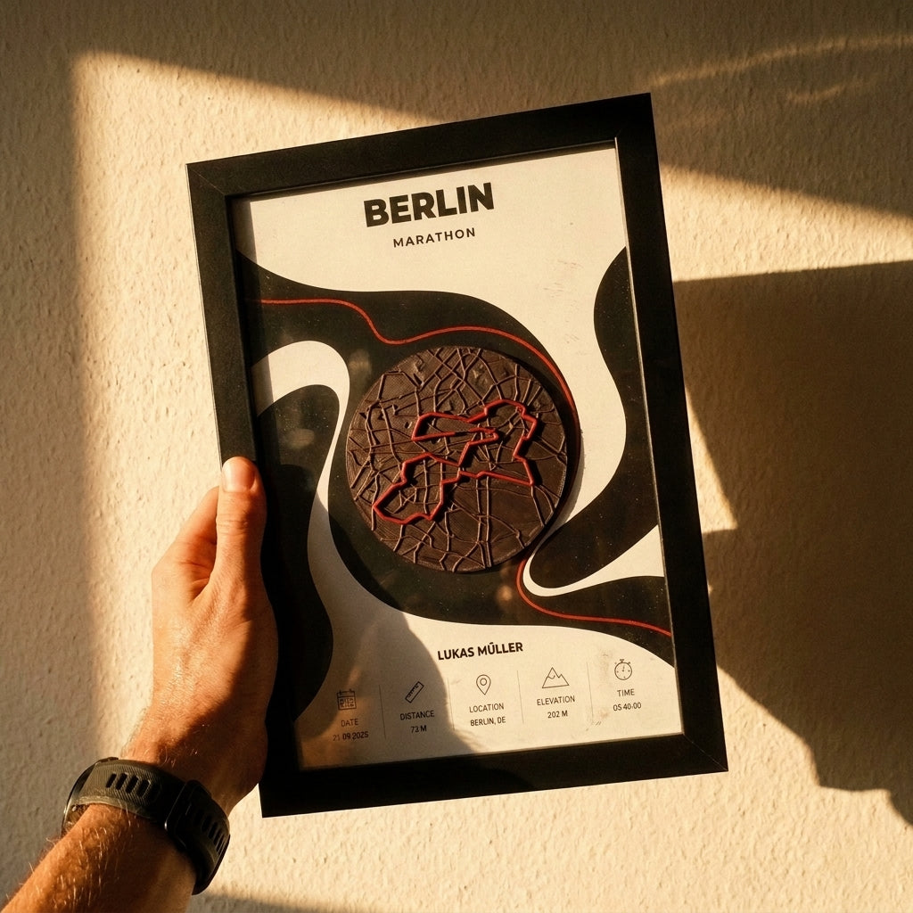 Close-up of a 3D-printed marathon route relief with the raised route line