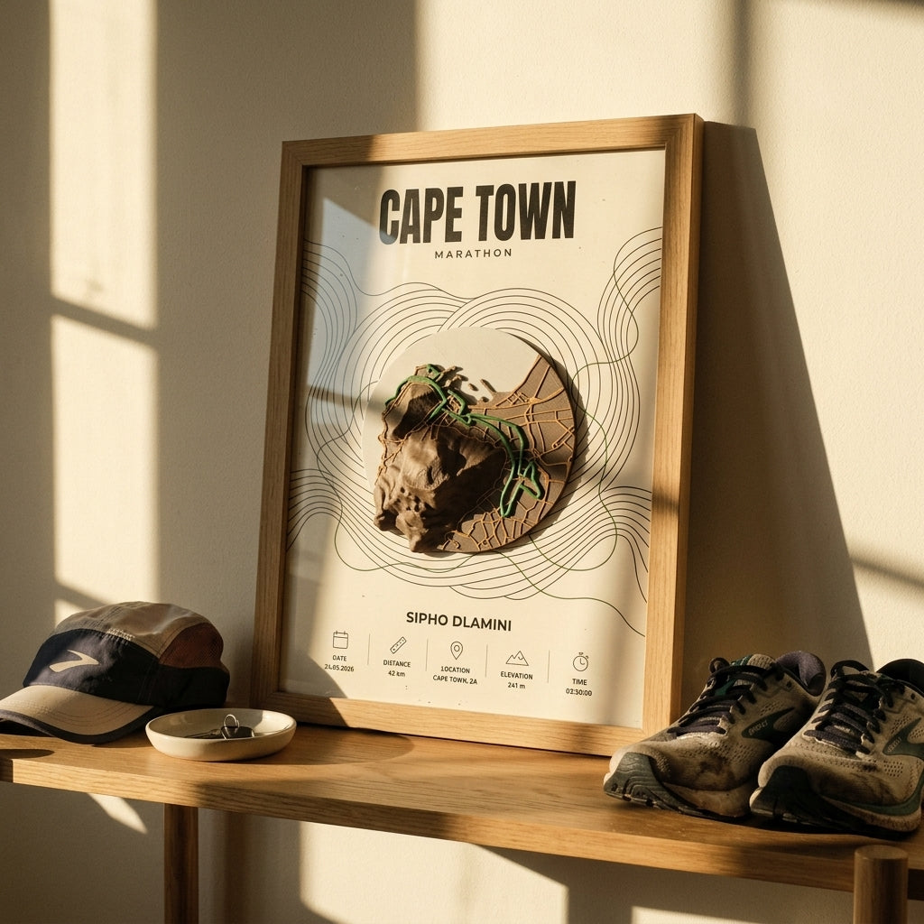 Framed 3D relief of a marathon course in a real wood frame