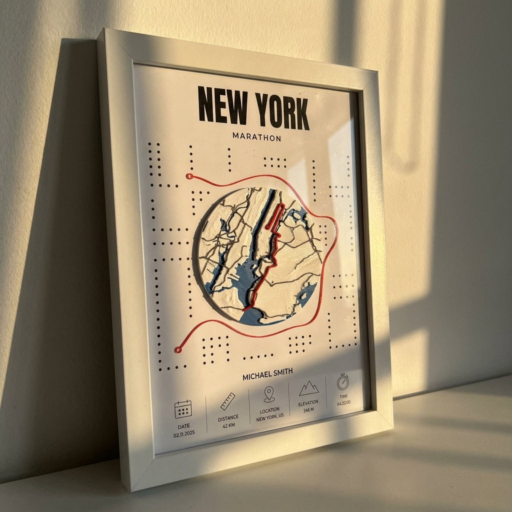 New York Marathon route map with a red route line on a minimalist dotted poster, white frame