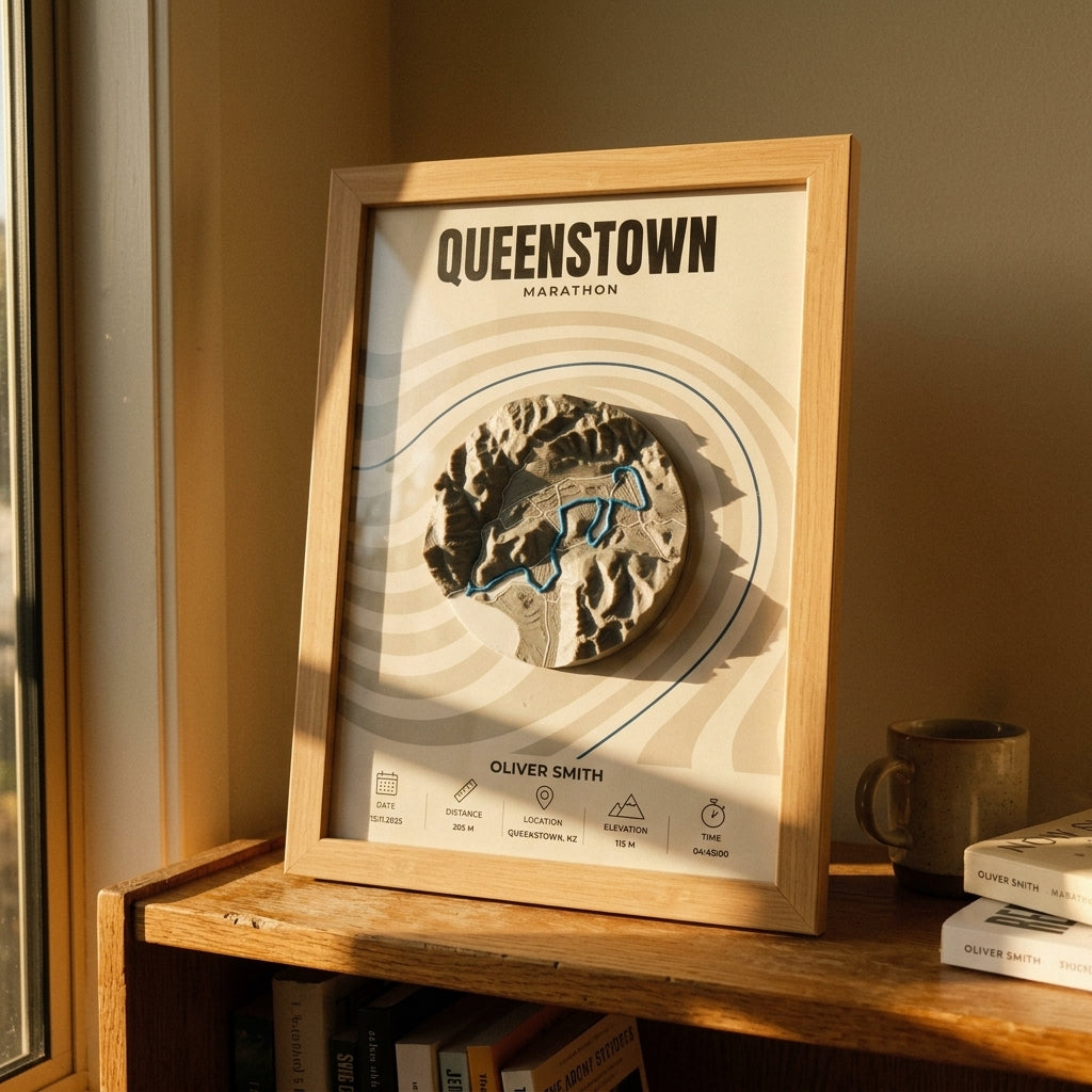 Queenstown Marathon 3D map — pale terrain relief with blue lake and route line, natural wood frame