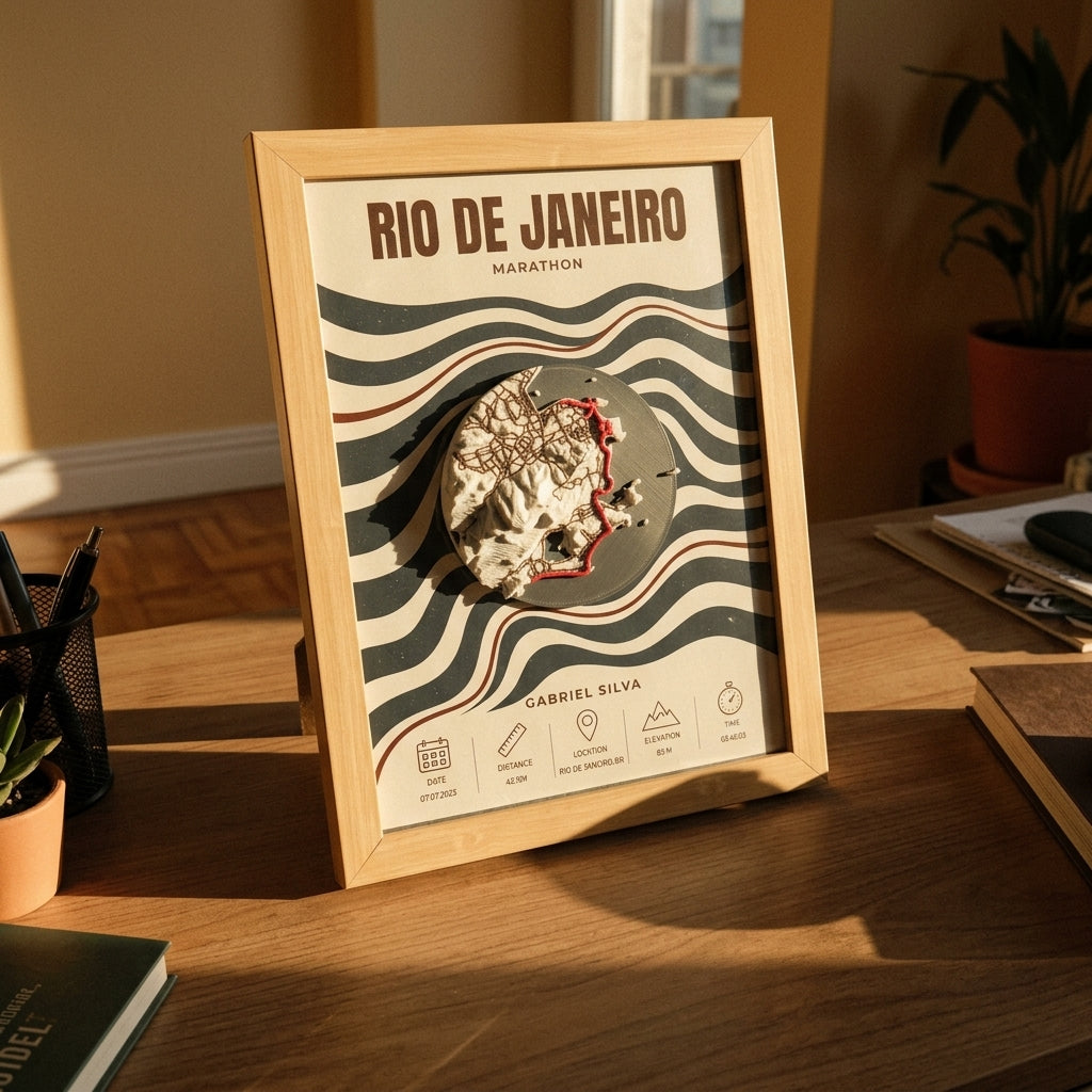 Rio de Janeiro Marathon 3D map with a red route line on a bold wave-pattern poster, natural wood frame