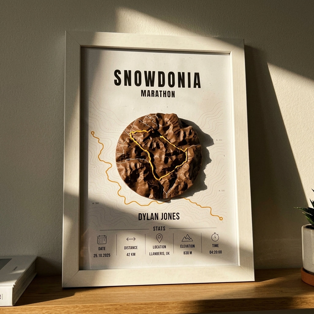 Snowdonia Marathon 3D map — rocky brown terrain relief with a yellow route line on a contour poster