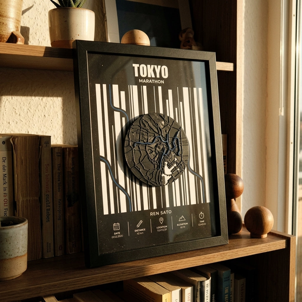 Tokyo Marathon as a 3D-printed map — dark terrain relief with the route line, black frame, on a bookshelf